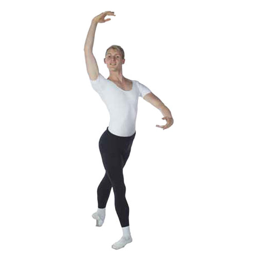 Male dancer wearinf white leotard and black tights with white ballet shoes