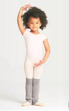 Load image into Gallery viewer, little girl wearing grey legwarmers, ballet stockings and pink leotard
