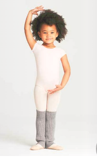 little girl wearing grey legwarmers, ballet stockings and pink leotard