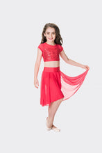 Load image into Gallery viewer, Studio 7 cropped sequins top in red for dance costume with flowy chiffon skirt
