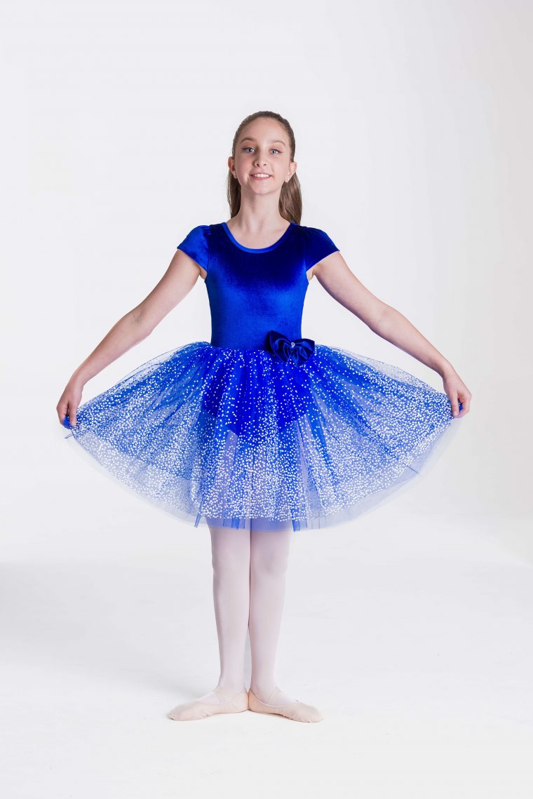 Electric blue velvet cap sleeve ballet tutu and soft chiffon skirt with glitter