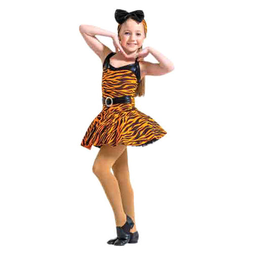 Tiger print dance costume dress with black belt and bow and black jazz shoes