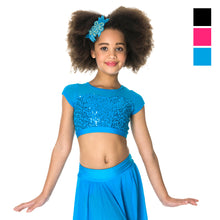 Load image into Gallery viewer, Studio 7 cropped sequins top in blue for dance costume
