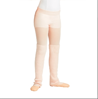Child wearing ballet stockings, pink legwarmers and ballet shoes