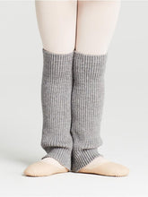 Load image into Gallery viewer, little girl wearing grey legwarmers, ballet stockings and ballet shoes
